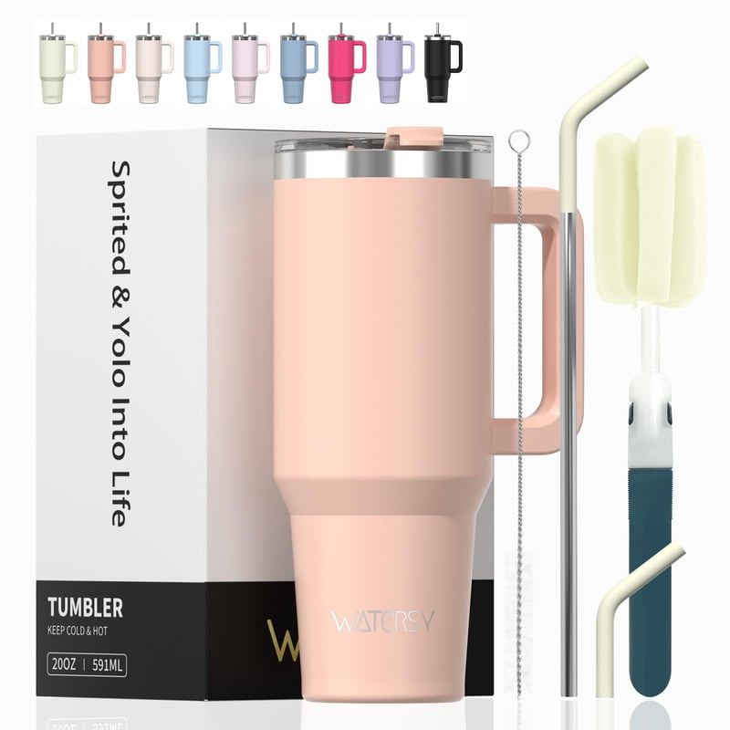 WATERSY 20 oz termohrnček na kávu, nerezová oceľ, dvojitá stena, vákuová izolácia, cestovný hrnček s uškom a slamkou, ružový