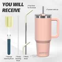 WATERSY 20 oz termohrnček na kávu, nerezová oceľ, dvojitá stena, vákuová izolácia, cestovný hrnček s uškom a slamkou, ružový 2