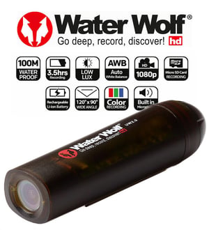 Water Wolf UW2.0 WiFi podvodna akcijska kamera za ribolov, 1080p HD, širokokutna leća od 120 stupnjeva, vodootporna do 100 m, crna, s kompletom dodataka, h