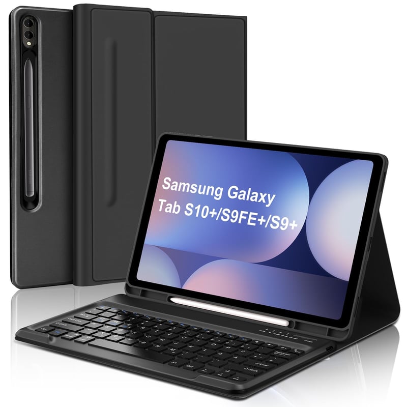 WAVATA Klávesnicové puzdro pre tablet Samsung Galaxy Tab S10+ 2024 / S9 FE+ / S9 Plus 12,4 palca, čierne, s odnímateľnou Bluetooth klávesnicou QWERTZ