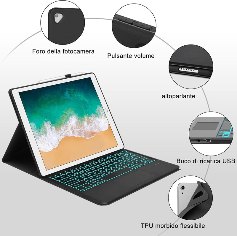 WAVATA iPad Pro 12,9" Bluetooth Billentyűzet Tok Háttérvilágítással