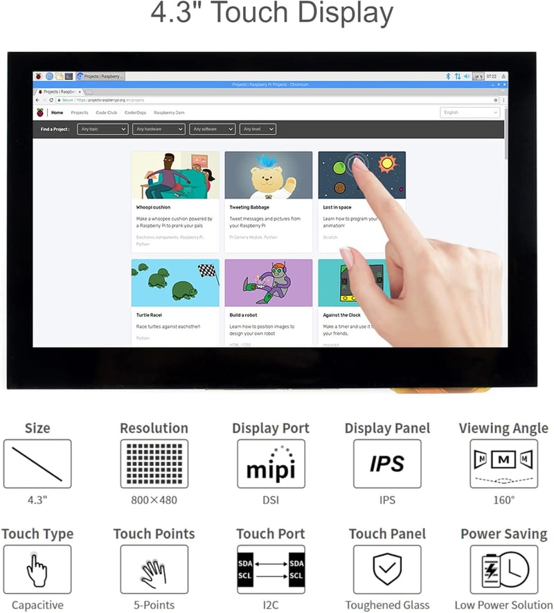 Waveshare 4.3" DSI LCD kijelző Raspberry Pi-hez 800×480 IPS érintőképernyő