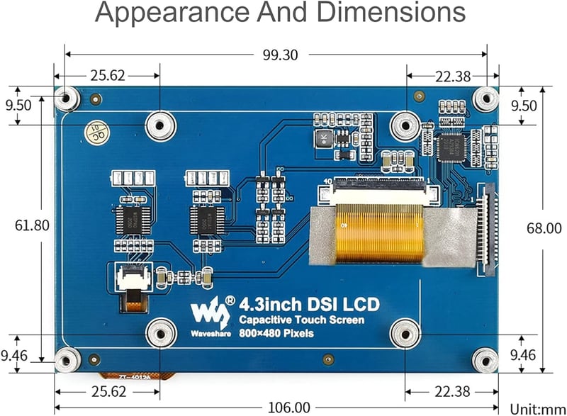 Waveshare 4.3" DSI LCD kijelző Raspberry Pi-hez 800×480 IPS érintőképernyő