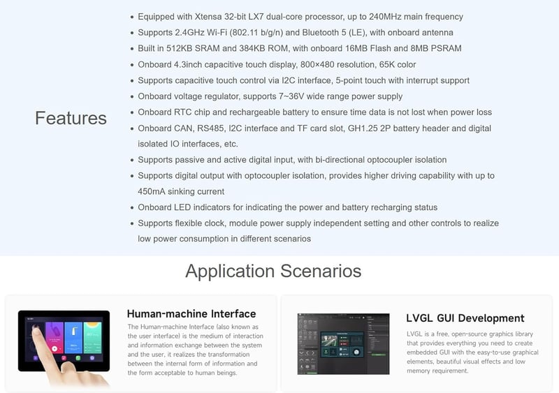 Waveshare ESP32-S3 4.3" LCD érintőképernyős fejlesztőpanel 800x480 Wi-Fi Bluetooth
