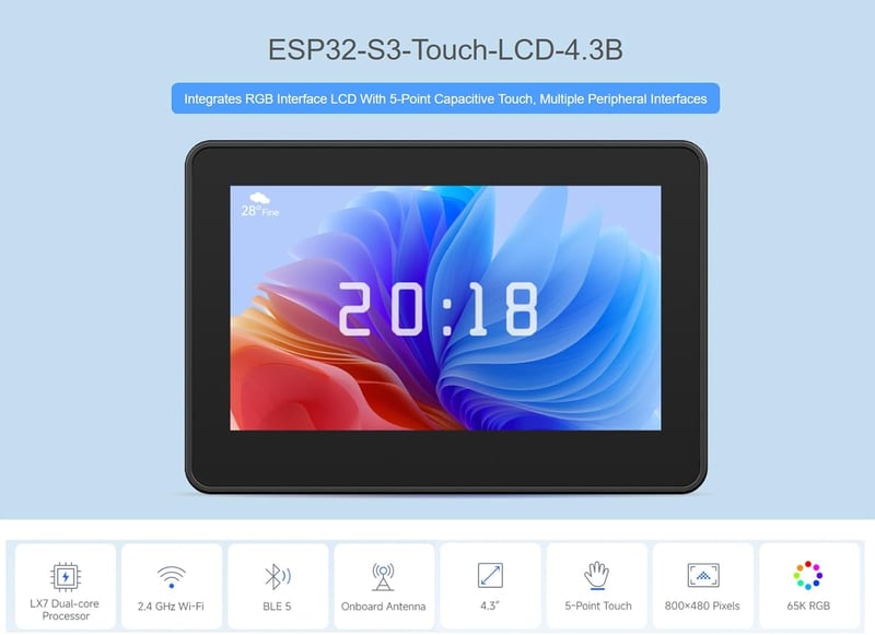 Waveshare ESP32-S3 4.3" LCD érintőképernyős fejlesztőpanel 800x480 Wi-Fi Bluetooth