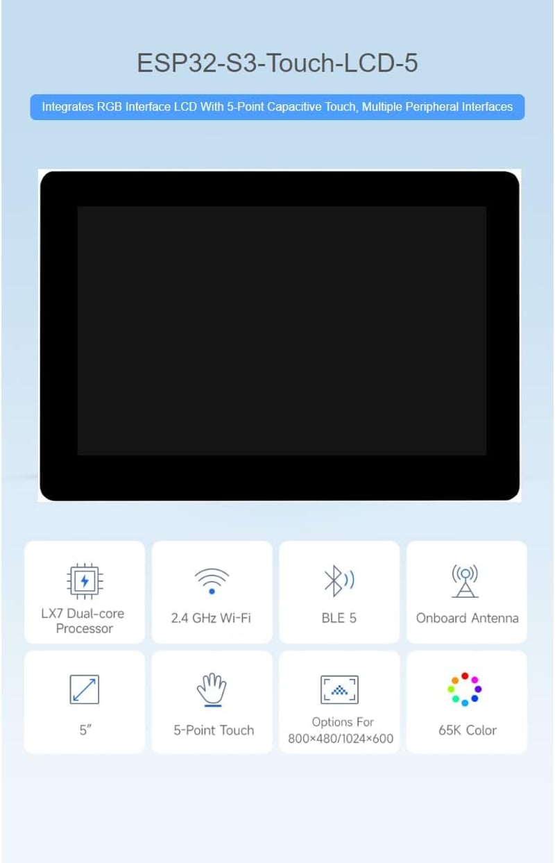 Waveshare ESP32-S3 5 hüvelykes kapacitív érintőképernyős fejlesztőpanel WiFi és Bluetooth