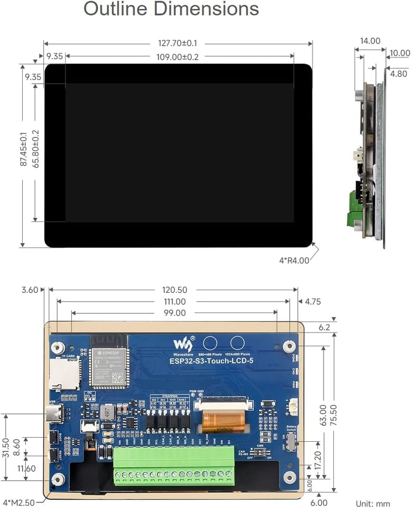 Waveshare ESP32-S3 5 hüvelykes kapacitív érintőképernyős fejlesztőpanel WiFi és Bluetooth