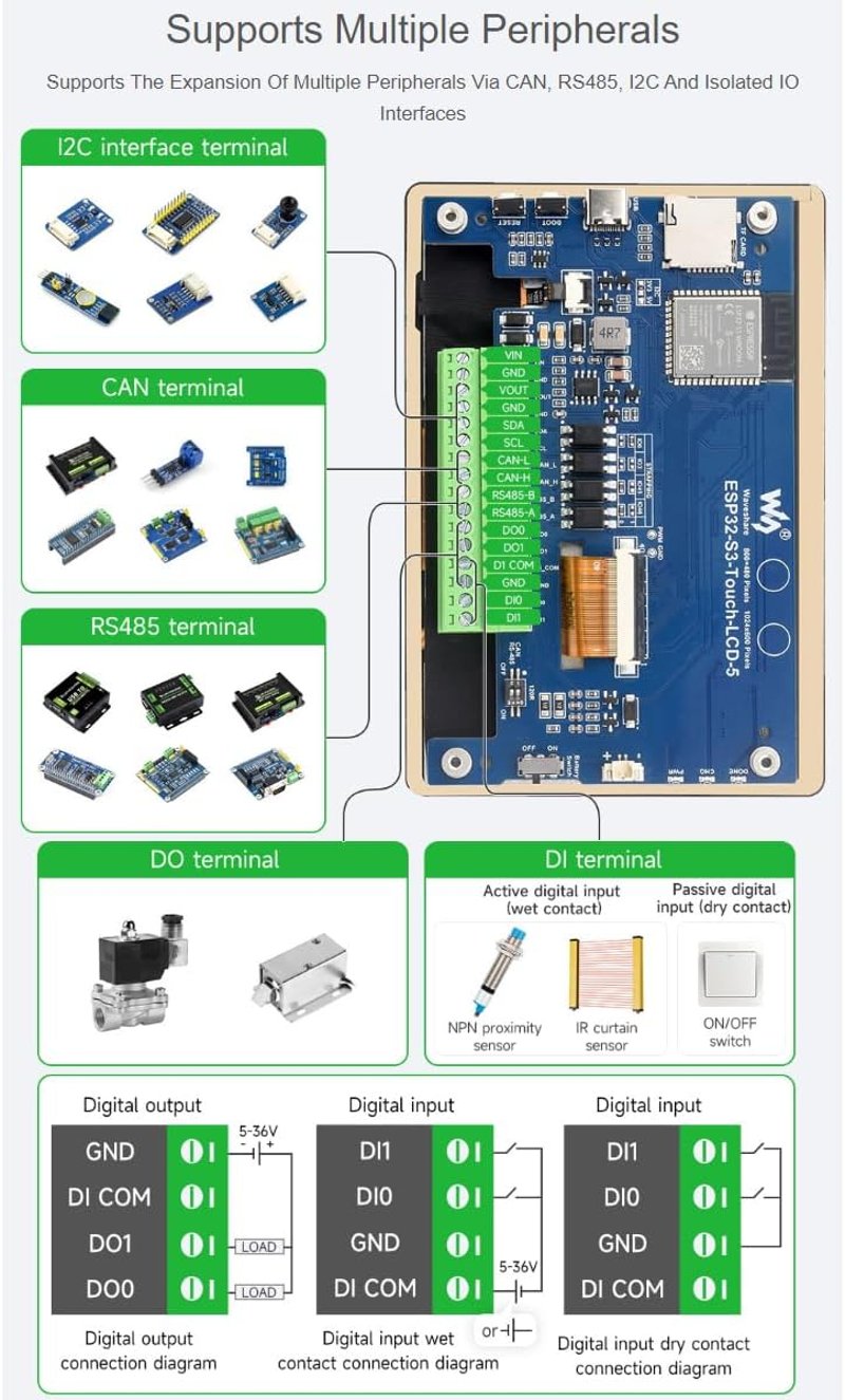 Waveshare ESP32-S3 5 hüvelykes kapacitív érintőképernyős fejlesztőpanel WiFi és Bluetooth