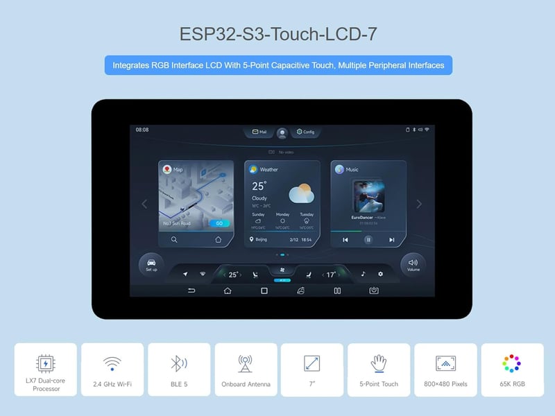 Waveshare ESP32-S3 7 hüvelykes érintőképernyős fejlesztői panel Wi-Fi Bluetooth