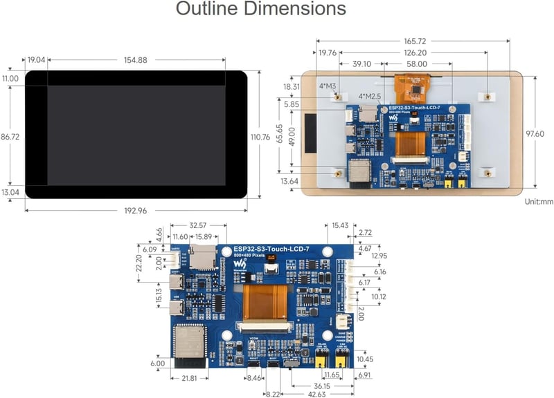 Waveshare ESP32-S3 7 hüvelykes érintőképernyős fejlesztői panel Wi-Fi Bluetooth