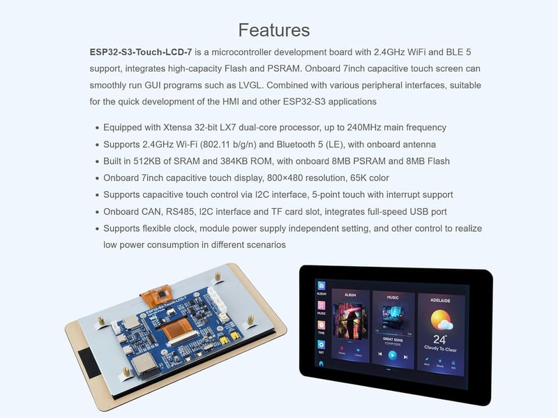 Waveshare ESP32-S3 7 hüvelykes érintőképernyős fejlesztői panel Wi-Fi Bluetooth