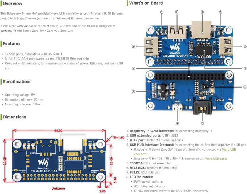 Waveshare Ethernet/USB HUB modul Raspberry Pi-hez, RJ45 és 3 USB port