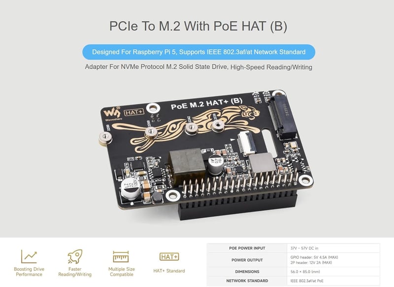 Waveshare POE M.2 HAT+ Raspberry Pi 5 NVMe SSD adapter PCIe Gen2/3