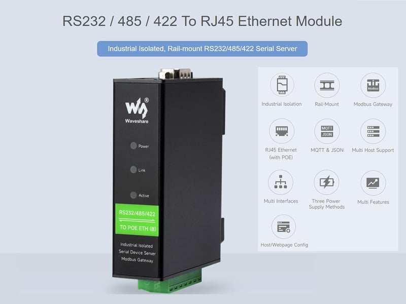 Waveshare RS232/485/422 RJ45 Ethernet Konverter Modbus Gateway POE