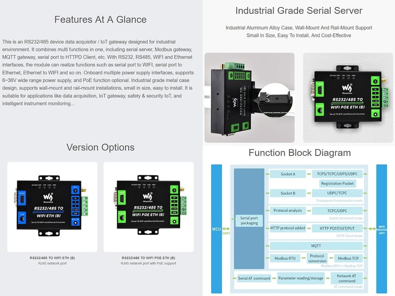 Waveshare RS232/485 WiFi Ethernet Soros Konverter Modbus MQTT Gateway