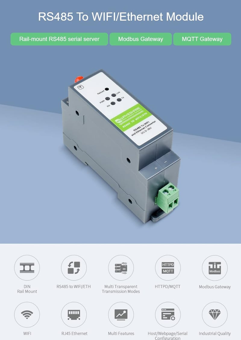 Waveshare RS485 WiFi Ethernet Modbus MQTT Gateway sín szerelésű konverter