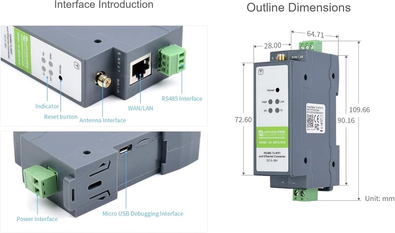 Waveshare RS485 WiFi Ethernet Modbus MQTT Gateway sín szerelésű konverter