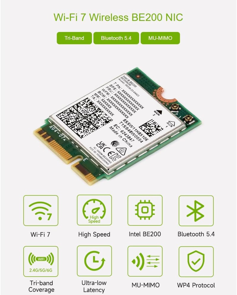 Waveshare WiFi 7 BE200 M.2 E Key hálózati adapter, Bluetooth 5.4, tri-band