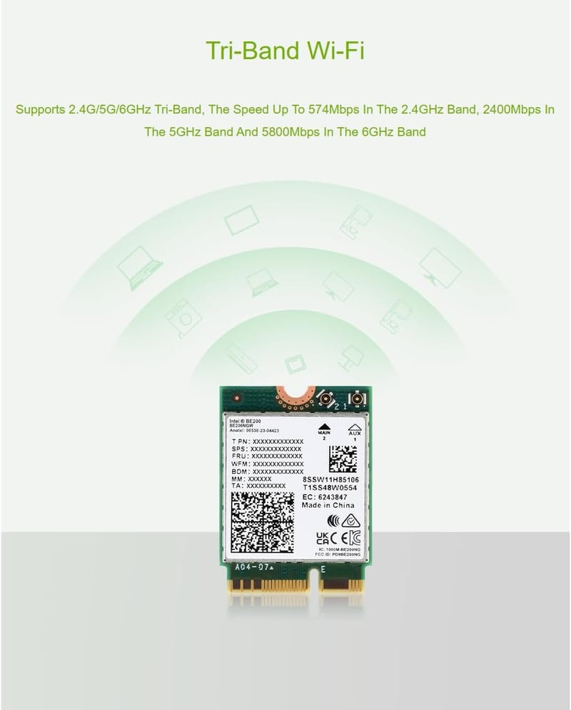 Waveshare WiFi 7 BE200 M.2 E Key hálózati adapter, Bluetooth 5.4, tri-band