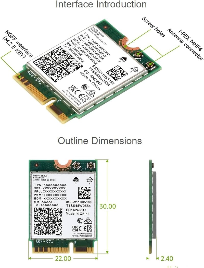 Waveshare WiFi 7 BE200 M.2 E Key hálózati adapter, Bluetooth 5.4, tri-band