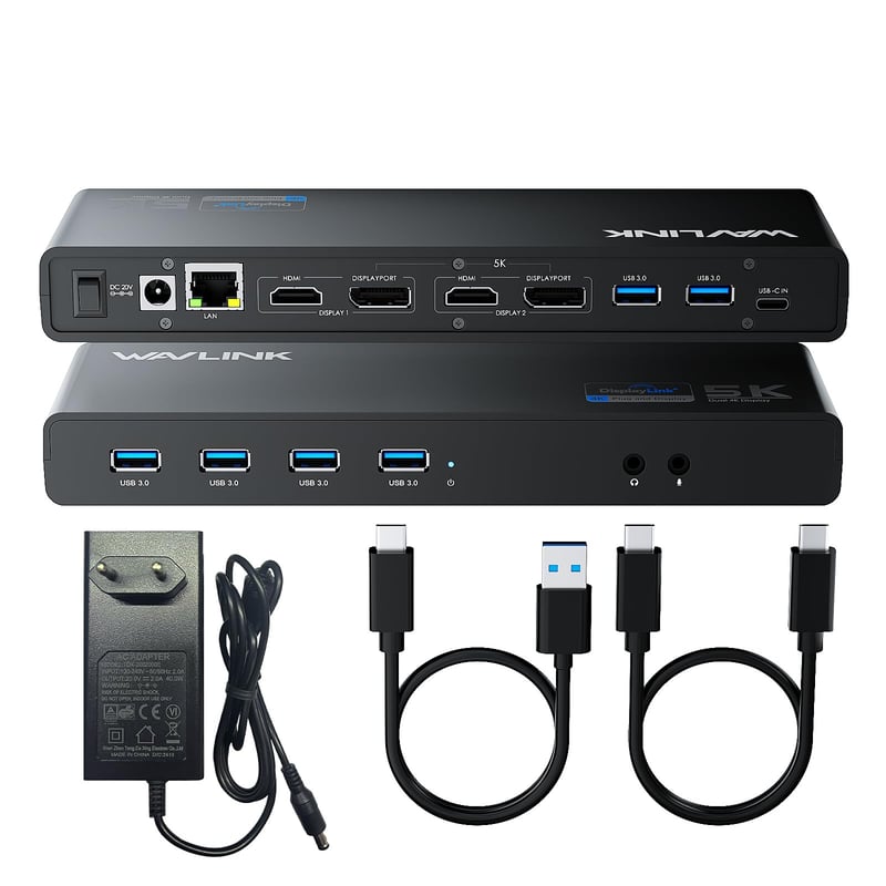 Stație de andocare WAVLINK DisplayLink USB-C - 2x HDMI și DP, Gigabit Ethernet, 6x USB 3.0, Audio, Microfon, compatibilă cu Mac OS și Windows