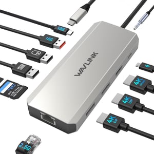 WAVLINK priključna stanica za prijenosno računalo, Dual DisplayPort i HDMI, 100W PD, 10Gbps USB-A/C, 2,5G Ethernet, kompatibilna s Dell/HP/Lenovo, Windows, srebrna
