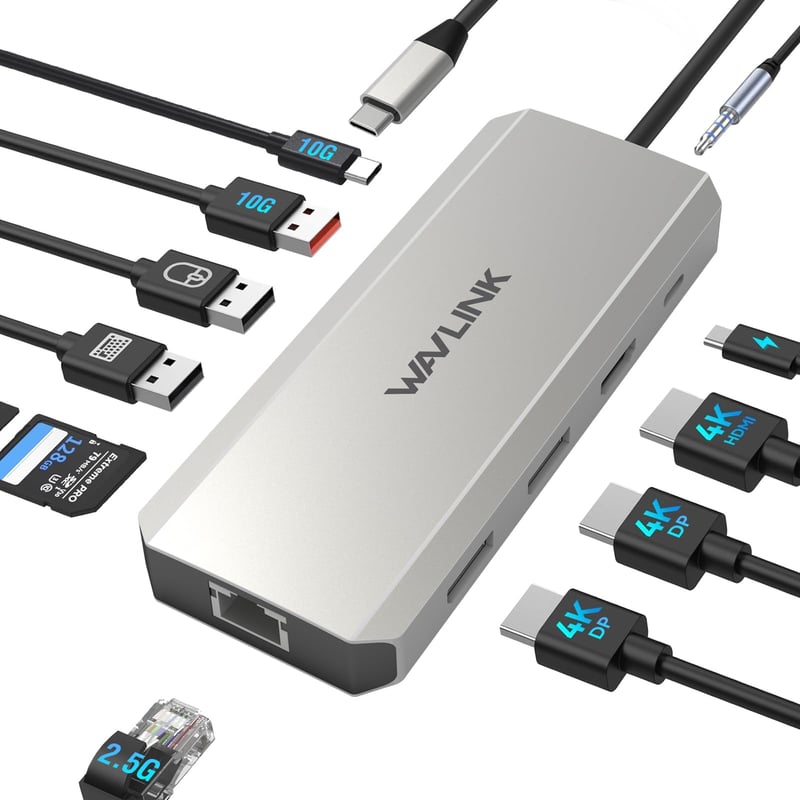 Dokovacia stanica pre notebook WAVLINK, duálny DisplayPort a HDMI, 100W PD, 10Gbps USB-A/C, 2,5G Ethernet, kompatibilná s Dell/HP/Lenovo, Windows, strieborná
