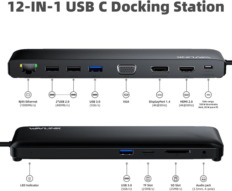 WAVLINK USB-C dokkoló 3 monitor támogatással, HDMI/DP/VGA, 100W töltés, Ethernet, SD/TF olvasó