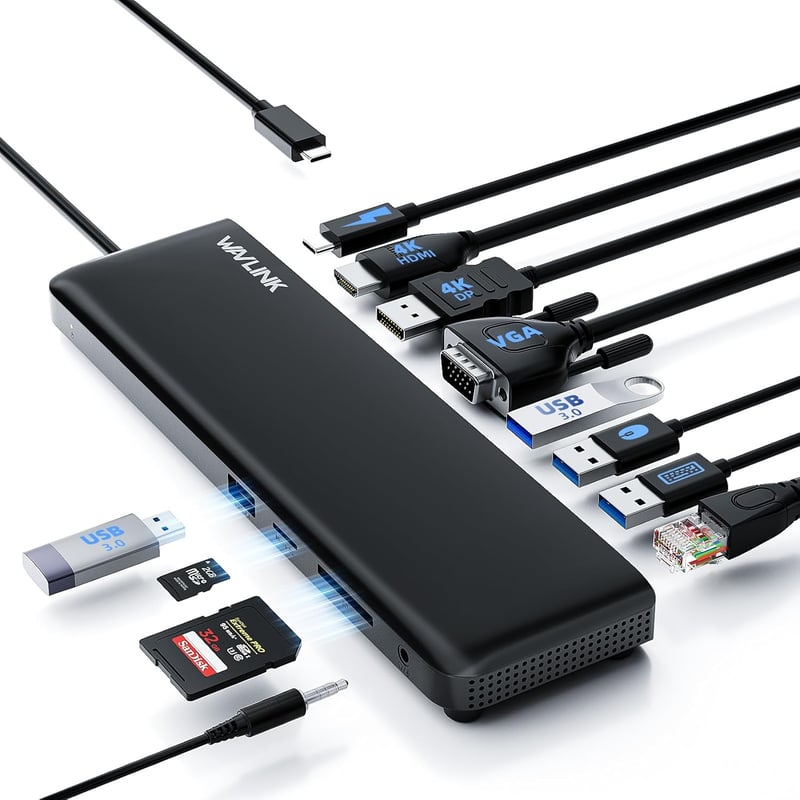 WAVLINK USB-C dokkoló 3 monitor támogatással, HDMI/DP/VGA, 100W töltés, Ethernet, SD/TF olvasó