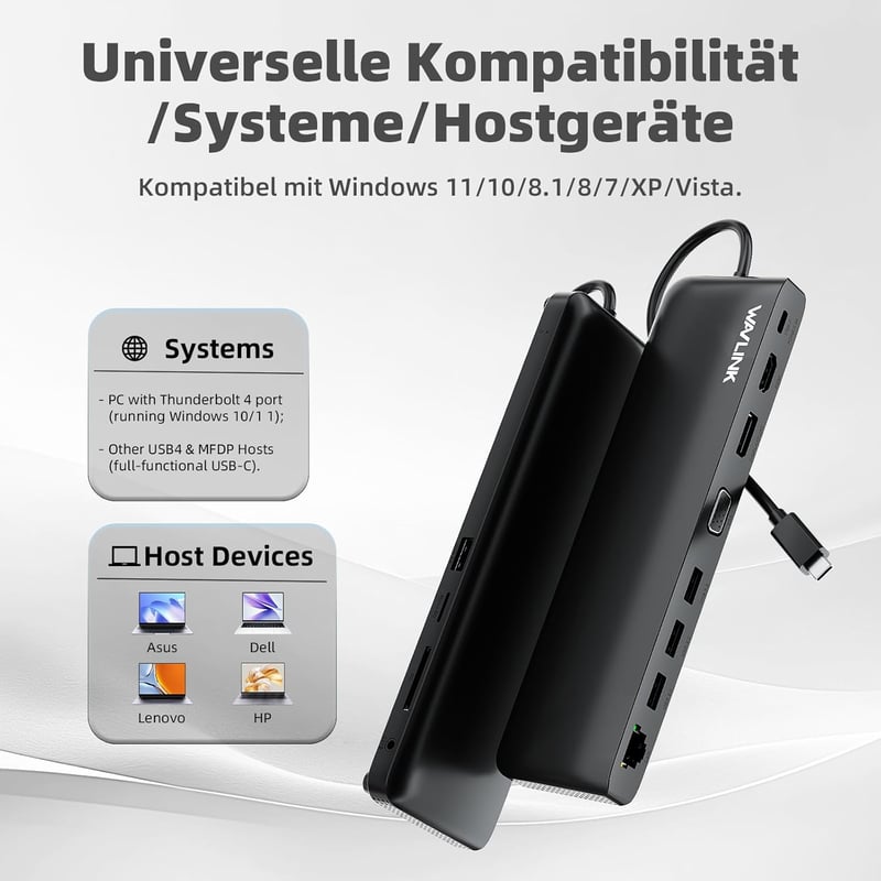 WAVLINK USB-C dokkoló 3 monitor támogatással, HDMI/DP/VGA, 100W töltés, Ethernet, SD/TF olvasó