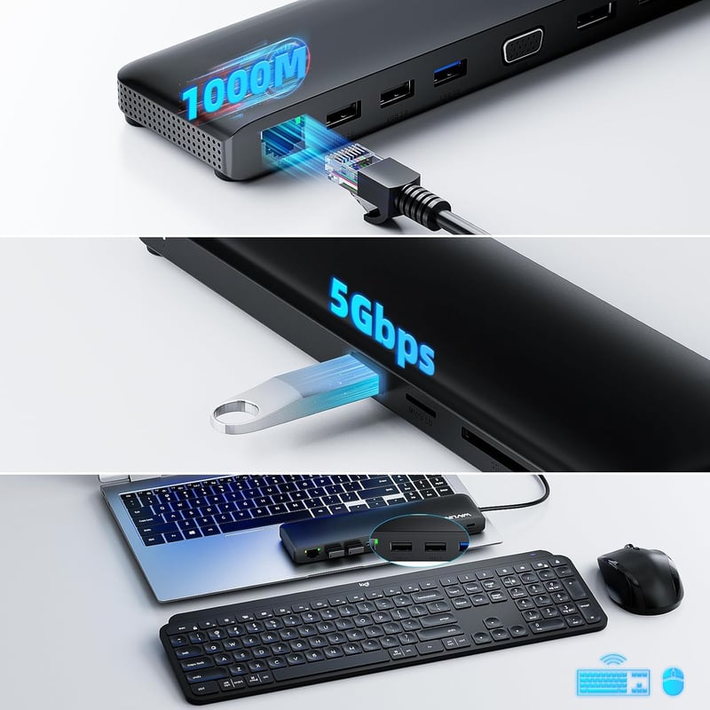 WAVLINK USB-C dokkoló 3 monitor támogatással, HDMI/DP/VGA, 100W töltés, Ethernet, SD/TF olvasó