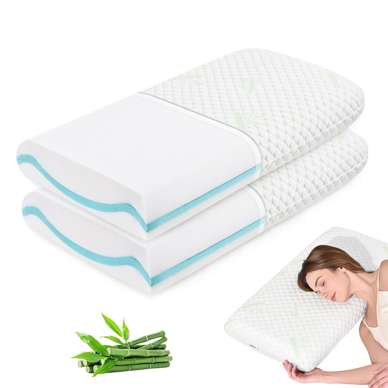 Set 2 Perne din spumă cu memorie cu gel Waxberry 40x80x8 cm, pernă de dormit față-verso cu susținere moale și fermă, cu husă lavabilă din fibre de bambus, pernă ergonomică pentru gât, O