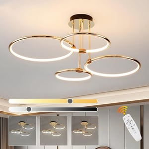 Plafonieră LED aurie WayLuoung cu 4 cercuri, 75 cm, 85W, candelabru dimabil pentru living și dormitor