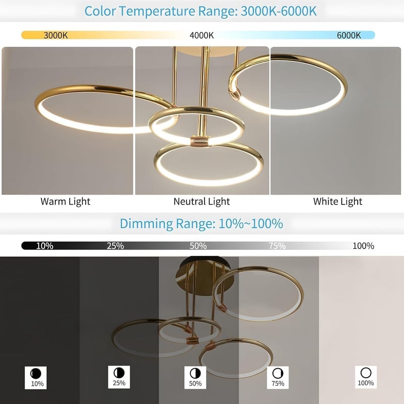 WayLuoung 4 körös arany LED mennyezeti lámpa 75cm, 85W dimmelhető csillár nappalihoz hálóhoz - A: Gold 4 Rings – Diameter 75 Cm – Dimmable