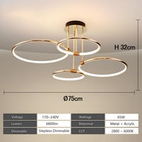 WayLuoung 4 körös arany LED mennyezeti lámpa 75cm, 85W dimmelhető csillár nappalihoz hálóhoz - A: Gold 4 Rings – Diameter 75 Cm – Dimmable 4