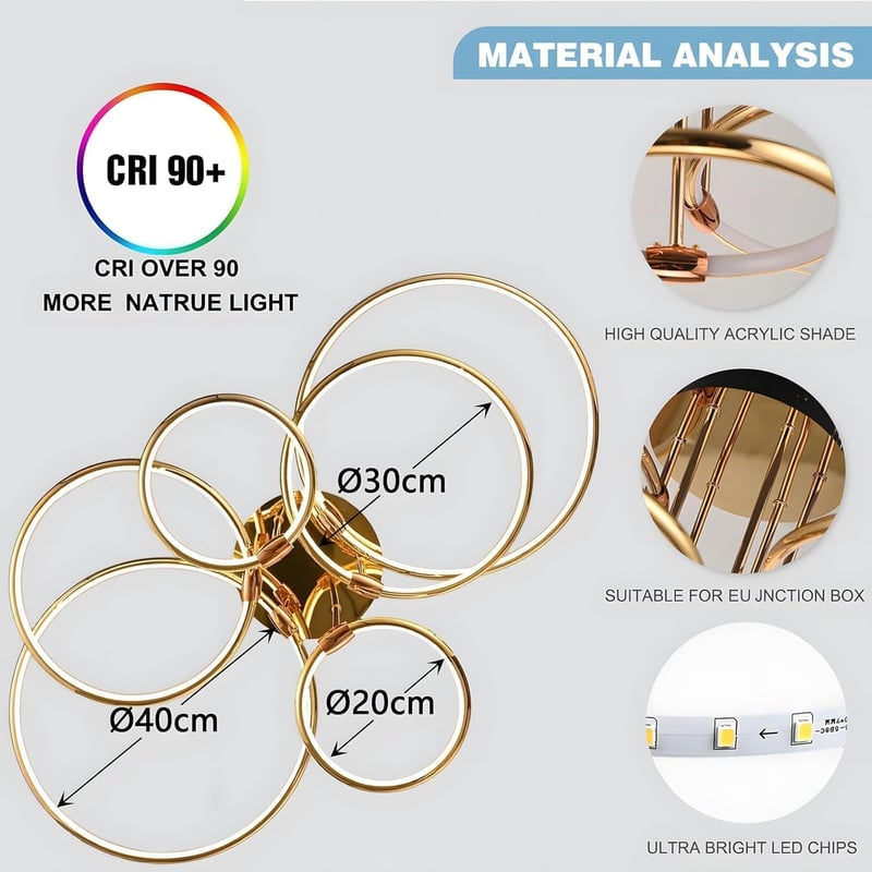 WayLuoung 6 karos arany LED mennyezeti lámpa 105 cm, 145W dimmelhető csillár nappalihoz hálóhoz - A: Gold 6 Rings – Diameter 105 Cm – Dimmable