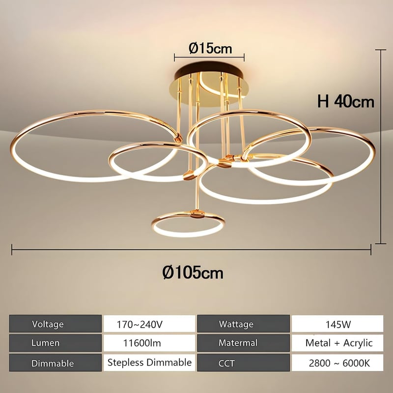 WayLuoung 6 karos arany LED mennyezeti lámpa 105 cm, 145W dimmelhető csillár nappalihoz hálóhoz - A: Gold 6 Rings – Diameter 105 Cm – Dimmable