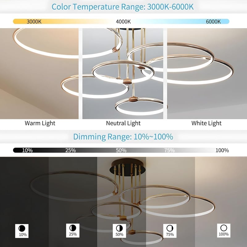 WayLuoung 6 karos arany LED mennyezeti lámpa 105 cm, 145W dimmelhető csillár nappalihoz hálóhoz - A: Gold 6 Rings – Diameter 105 Cm – Dimmable