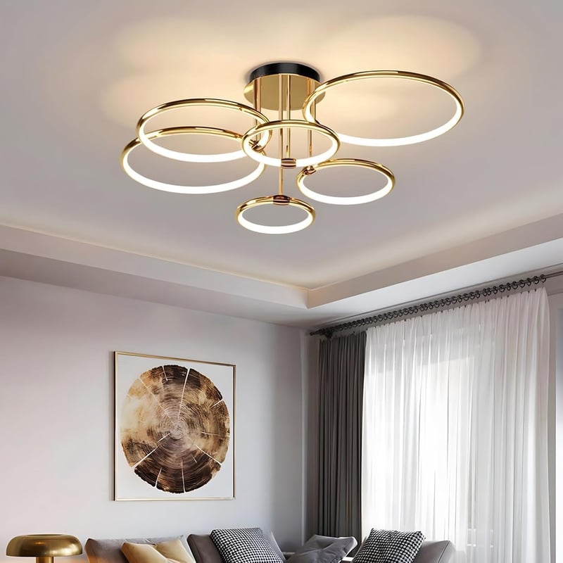 WayLuoung 6 karos arany LED mennyezeti lámpa 105 cm, 145W dimmelhető csillár nappalihoz hálóhoz - A: Gold 6 Rings – Diameter 105 Cm – Dimmable