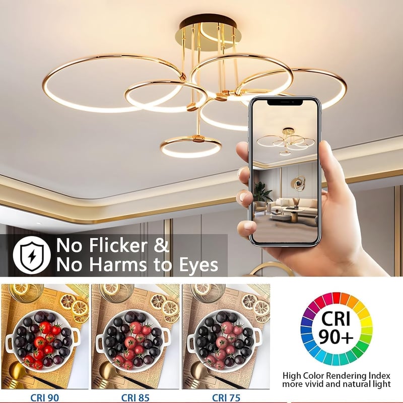 WayLuoung 6 karos arany LED mennyezeti lámpa 105 cm, 145W dimmelhető csillár nappalihoz hálóhoz - A: Gold 6 Rings – Diameter 105 Cm – Dimmable