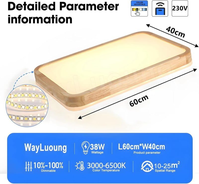 WayLuoung LED Mennyezeti Lámpa 60x40cm Fa Natúr Dimmelhető Távirányítóval - 【b】60 X 40 Cm - Continuously Dimmable