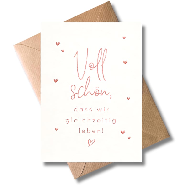 Felicitare de dragoste WBdesignz „Voll Schön, dass wir gleichzeitig leben!” cu plic - Inimi aur roz - Felicitare romantică de Valentine's Day/prietenie - DIN A6