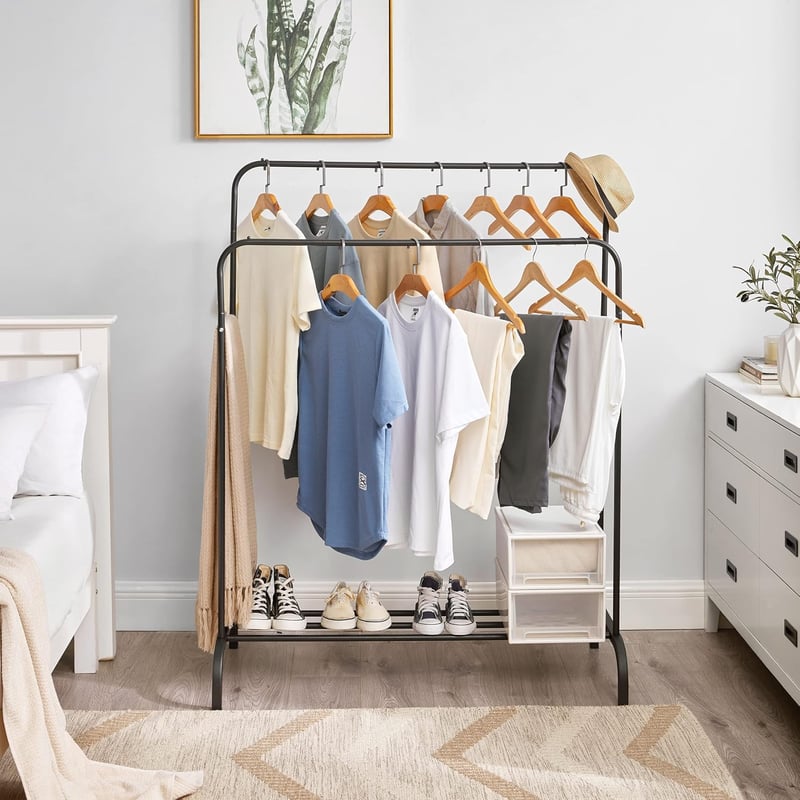 WEASHUME Freestanding Ruhaállvány 2 Rudas Polccal, Fekete Kabátállvány