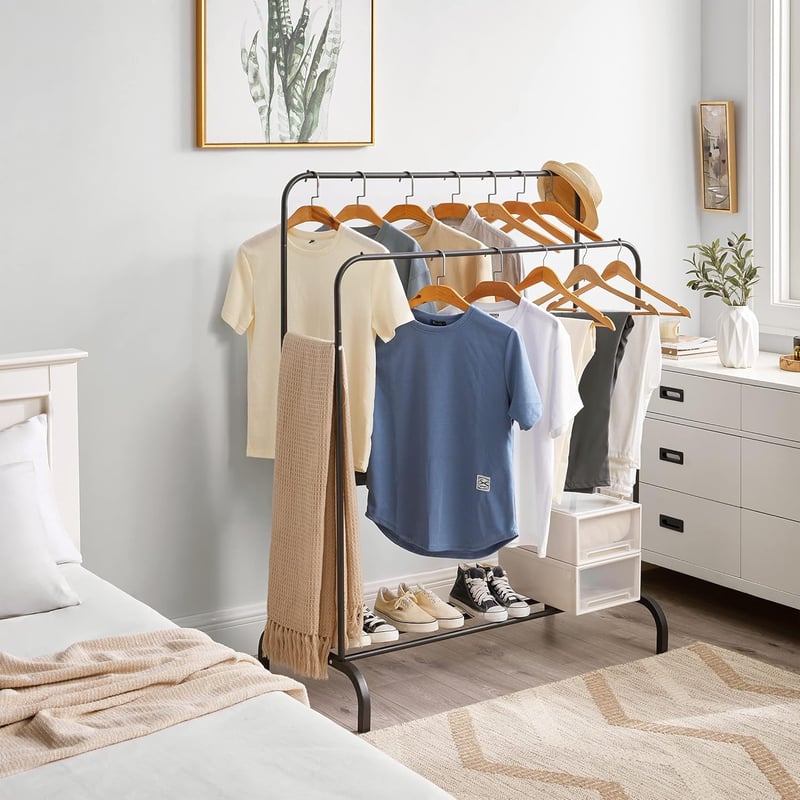 WEASHUME Freestanding Ruhaállvány 2 Rudas Polccal, Fekete Kabátállvány