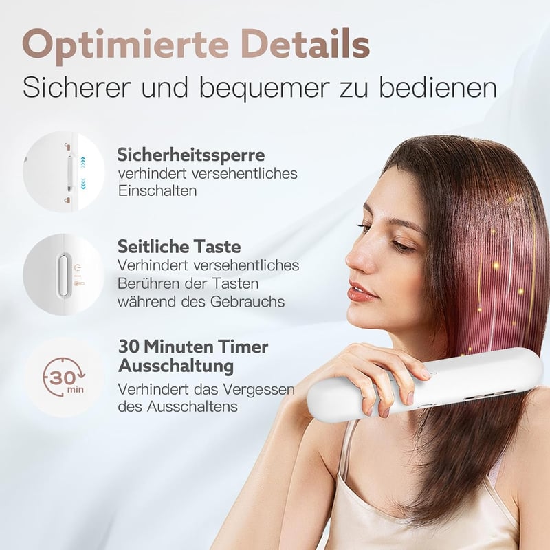webeauty Vezeték nélküli 200 millió negatív ionos hajkiegyenesítő kefe mini, tölthető, USB-C kábellel, fehér