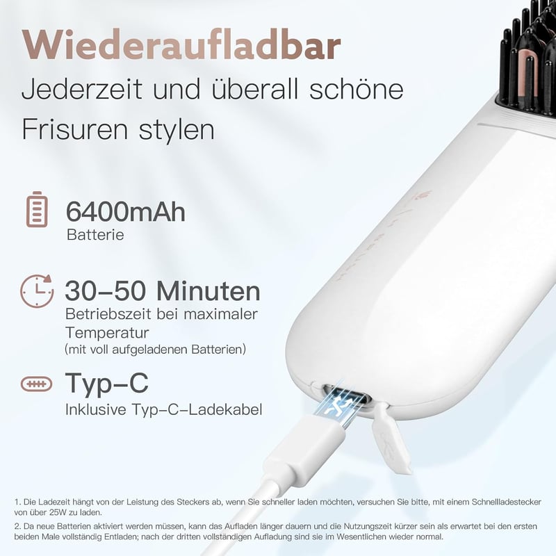 webeauty Vezeték nélküli 200 millió negatív ionos hajkiegyenesítő kefe mini, tölthető, USB-C kábellel, fehér