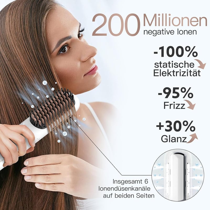 webeauty Vezeték nélküli 200 millió negatív ionos hajkiegyenesítő kefe mini, tölthető, USB-C kábellel, fehér