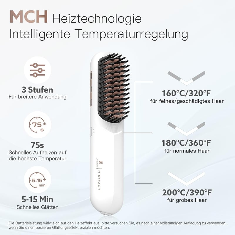 webeauty Vezeték nélküli 200 millió negatív ionos hajkiegyenesítő kefe mini, tölthető, USB-C kábellel, fehér