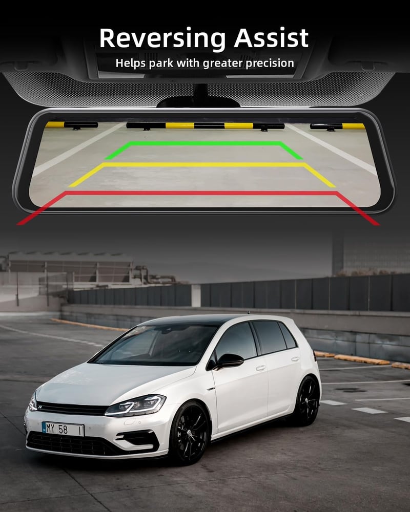 WeBeqer 4K Tükör Menetrögzítő Kamera 10" IPS Érintőképernyővel, 1080P Tolatókamera, GPS, 64GB Kártya, 170° Látószög, G-Szenzor, Parkolási Mó