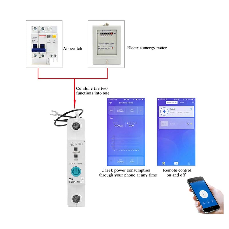 WEBN 63A WiFi Okos Fogyasztásmérő DIN Sín Energiamérő kWh Kapcsoló